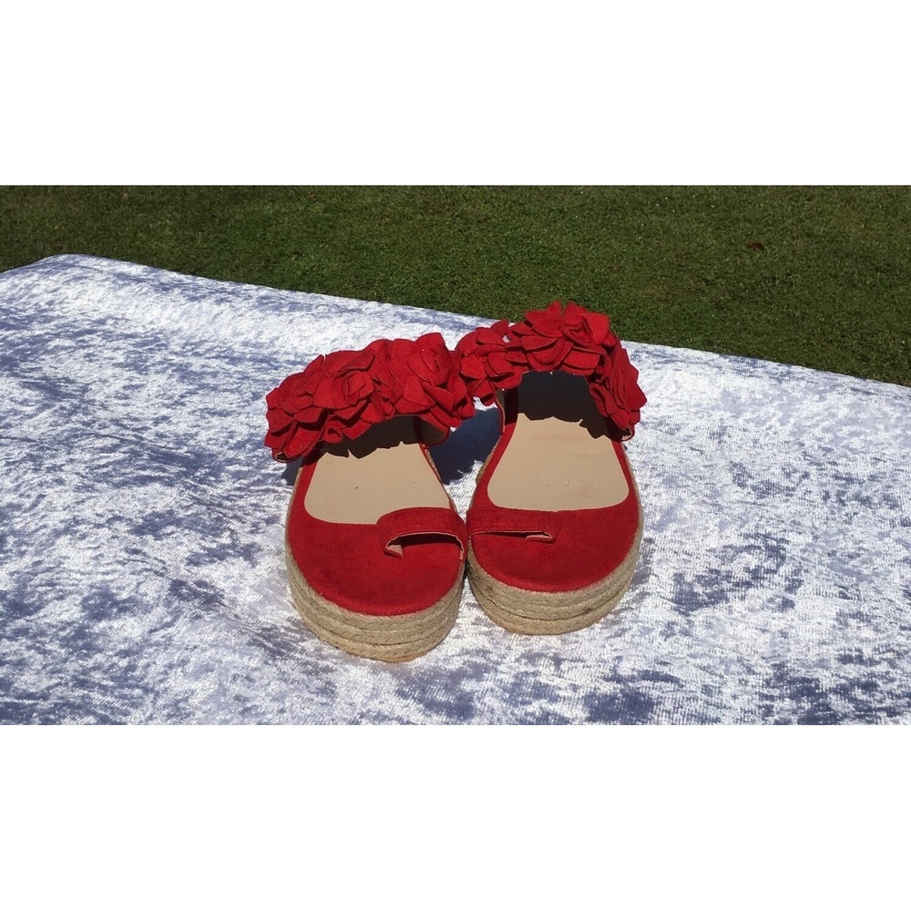 Red Floral Platform Sandals With‎ Espadrille Sole